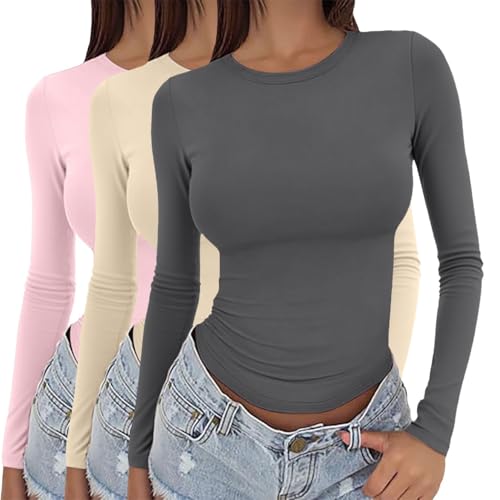 Paquete de 3 camisetas de manga larga para mujer, estilo Y2K, básicas, ajustadas, térmicas, ajustadas, para salir, cuello redondo, ajuste elástico, ropa de calle, 3 piezas, color liso, Z, M