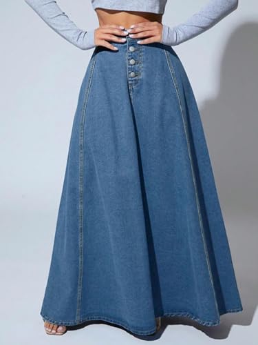 Women Denim a Line Single Breasted High Waist Jeans Vintage Maxi Simple Casual Elegant Splice Long Skirt (Dark Blue,Small)3