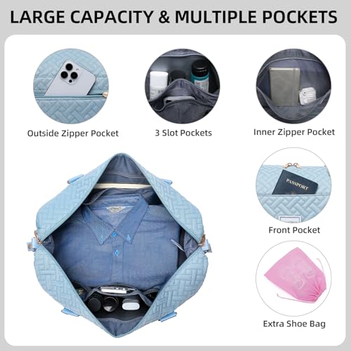 Image of Duffle Bag for Travel, Weekender Bag with Shoe Compartment, Carry On Overnight Bag for Women with Toiletry Bag, Gym Bag with Wet Pocket, Hospital Bags for Labor and Delivery Beige, Blue-Embroidery