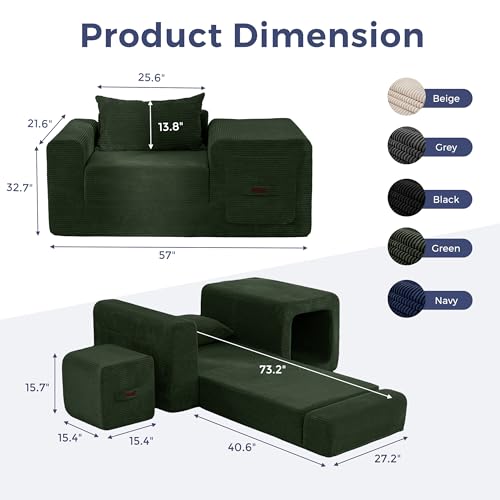 Image of MAXYOYO Folding Sofa Couch, Convertible Floor Sofa with Armrest, Multifunctional Sofa with Pillow and Pockets, Boneless Couch for Living Room, Dark Green
