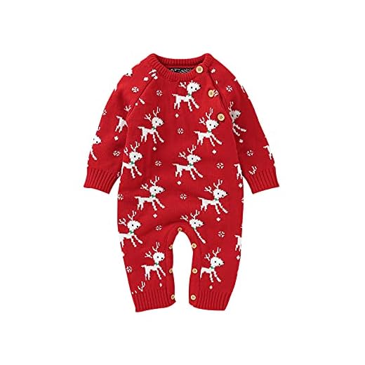Dazzerake Mameluco para Recién Nacido Unisex Mono de Punto Mangas Largas Suéter Estampado Lindo con Botones Ropa de Navidad Otoño Invierno (Rojo, 18-24 Meses)