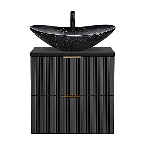 Lomadox Badezimmer Waschtisch, 61cm, matt schwarz gerillt mit Keramik-Waschbecken schwarz marmoriert, B/H/T ca. 61,5/74,7/46,5 cm