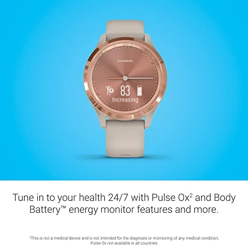 Garmin vivomove 3S, Smaller sized, Hybrid Connected GPS Smartwatch with Real Watch Hands and Hidden Touchscreen Display, Rose Gold with Light Sand Silicone Band
