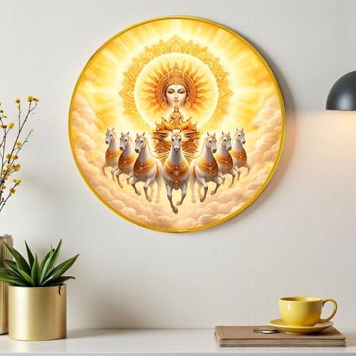 Image of 7 Running Horse Wall Art Painting With Frame For Living Room| Seven Horses Surya Dev Vastu Decor Framed Painting | Sun God Spiritual Round Wall Hanging for Home, Office & Gifting, 12 Inch