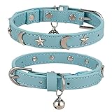 CHUKCHI Leather Cat Collars for Boy Girl Cats with Bell and Safety Elastic Belt, Personalized Star and Moon Stud Adjustable Safe Buckle Collar for Kitty Small Big Cats Size 8-12 InchRose (Blue)