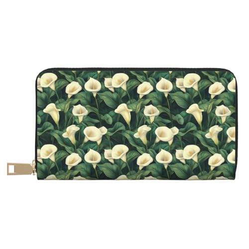 Leather Thin Slim Wallets for Women & Men - White Calla Lily Print Card Wallet Holder with Zipper