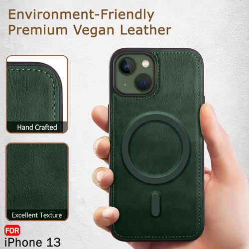 Image of TheGiftKart Genuine Leather Finish Back Cover Case for iPhone 13 | Shockproof Design | Raised Edges for Camera & Screen Protection | Stunning Minimalist Design Case Cover (MagSafe Compatible, Green)