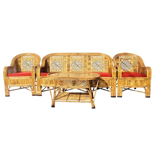 Image of Bamboo Chair Premium Cane Sofa Set with Table for Home, Office, Living Room, Balcony, Garden, Indoor & Outdoor | Brown, 34 cm, 24 cm, 25 cm