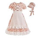 CR ROLECOS Child Prairie Pioneer Dresses for Girls Colonial Pilgrim Costumes Dress for Kids Pink Flo