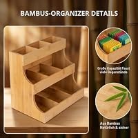 Teebeutel Aufbewahrung, Tee Organizer, Teebox aus Holz mit 9 Staufächern, Kaffeekapseln und Zuckerpäckchen, Teebeutel Organizer für Zuhause, Küche, Büro und Café, 17 x 26.5 x 24cm – Ansicht 3