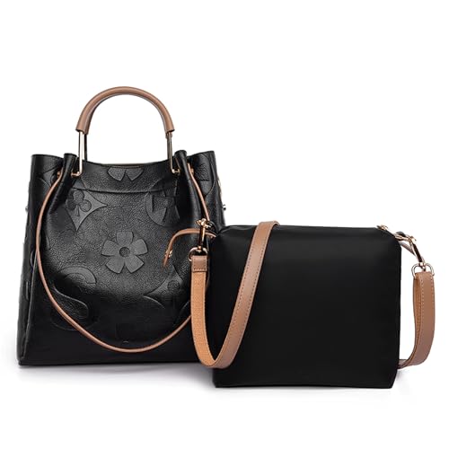Travistar Floral Handbags and Purses Women - Retro Embossed Leather Top Handle Handbag Set Large Women's Shoulder Bag 3-in-1 Trendy Hobo Purse Ladies Bucket Satchel Bags Work Tote with Pouch Black