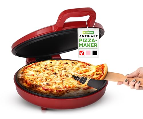 NutriChef Elektrischer Pizzaofen Rot – 1500W Kompaktgerät für 30cm Pizza Antihaftplatte für Pizza, Toast & Gebäck – Temperaturbereich 80–200°C