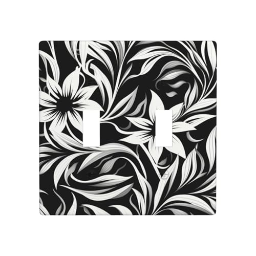 Placca di copertura per luce a doppia banda, motivo floreale bianco e nero, con foglie lunghe, decorazione per interruttore da parete, dimensioni standard, 11,4 x 11,4 cm