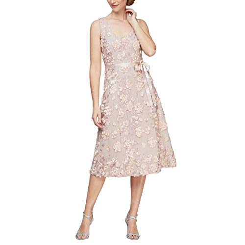 Image of Alex Evenings Women's Tea Length Dress with Rosette Detail (Petite and Regular)