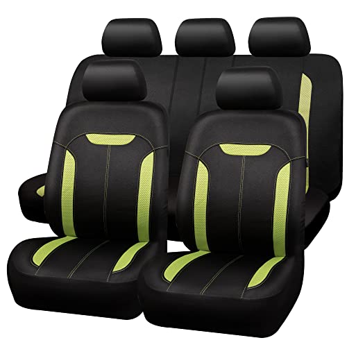 CAR PASS 3D Air Mesh in Cloth Leather Grain Breathable Car Seat Covers Full Set, Universal Compatible Fit 95% Car,SUV,Truck,Sedan,Van,Automotive, 3zipper Rear Bench Armrest Airbag Sports,Black Green