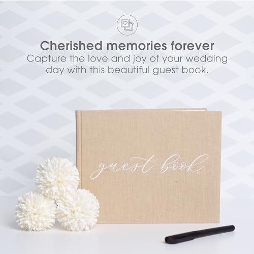 Image of Pearhead Linen Wedding Guest Book with White Script, Elegant Bridal Shower & Wedding Keepsake, Includes Pen, 100 Blank Pages, 7 x 9, Beige