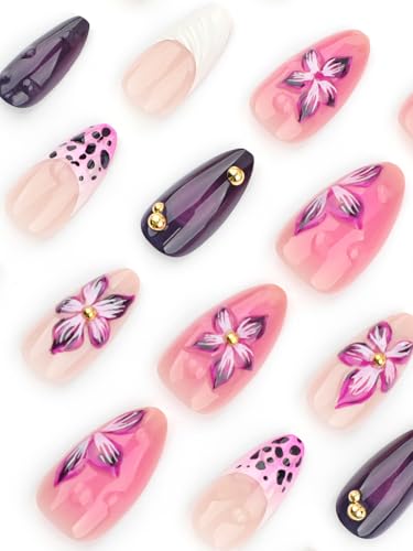 Image of Secret Lives 3D Floral French Tip Press-On Nails with Pink Leopard Accent - Almond Shape Nude & Purple Glossy Fake Nails, 24-Piece Set with Application Kit