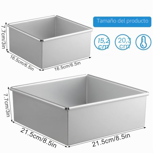 Miniatura 3 de Velicber 2 Piezas Molde De Repostería Cuadrado Aluminio Anodizado, 6 8 Pulgadas Hornear Cuadrada Moldes Con Base Extraíble, Molde Bizcocho Antiadherente Para Mousse Tiramisu Y Muffins