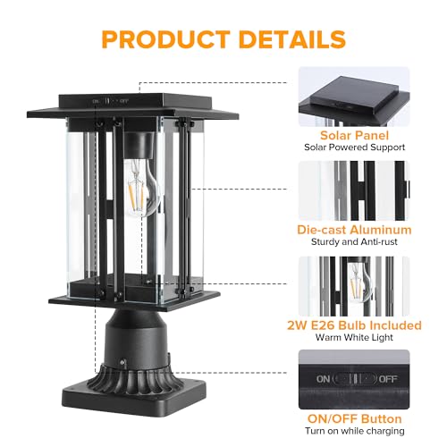 LUTEC Solar Lamp Post Light, Dusk to Dawn Craftsman Style Post Light Waterproof Solar Powered with Pier Mount Base, 200 Lumens Aluminum Post Lights Perfect for Outside