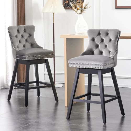 Image of Grey Swivel Bar Stools, Velvet Counter Height Bar Stools Set of 2