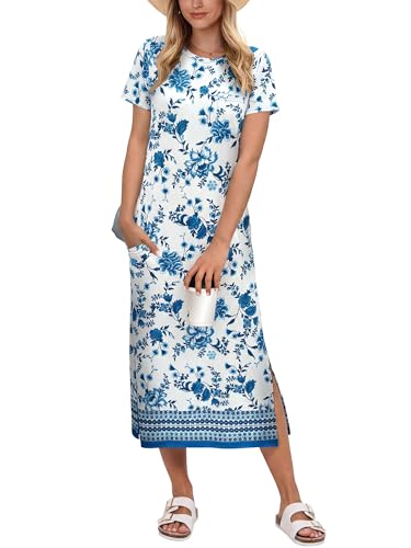 Image of ANRABESS Womens Midi Dress,Summer Long Tshirts Dresses,Short Sleeve Split Stripe,Comfy Travel Beach Vacation Casual Wear