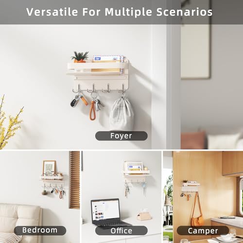 Key Holder Wall Mount Mail Holder for Wall with Shelf Includes Key Hook and Wallet Holder Hanging Key Rack with Sunglasses Storage Decorative with 4 Double Hooks(White) - Image 5
