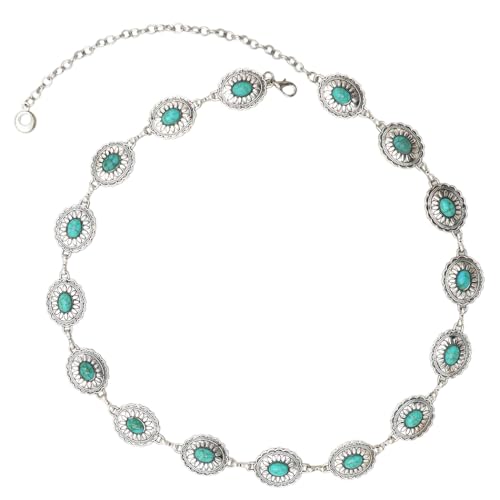 Rosemarie & Jubalee Cowgirl Chic Statement Western Burnished Silver Tone Conchos On Link Body Waist Chain Belt (Turquoise Howlite Stone Centers 34