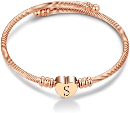 Rose Gold Women Heart Initial A-Z Letter Cuff Bracelets Name Expandable Bangle Bracelet Birthday Gifts