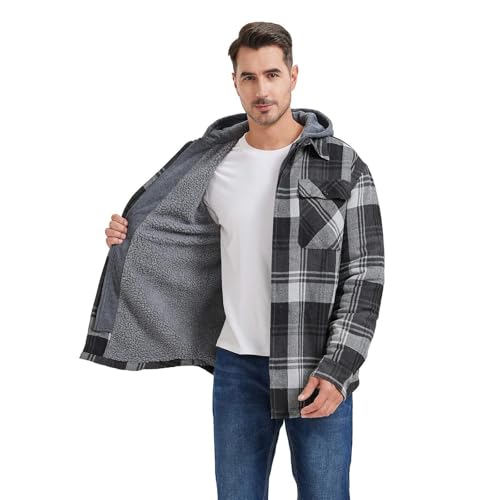 Mens Thicken Flannel Jackets, Plaid Sherpa Fleece Lined Hoodie Warm Shacket with 2 Chest Pockets2