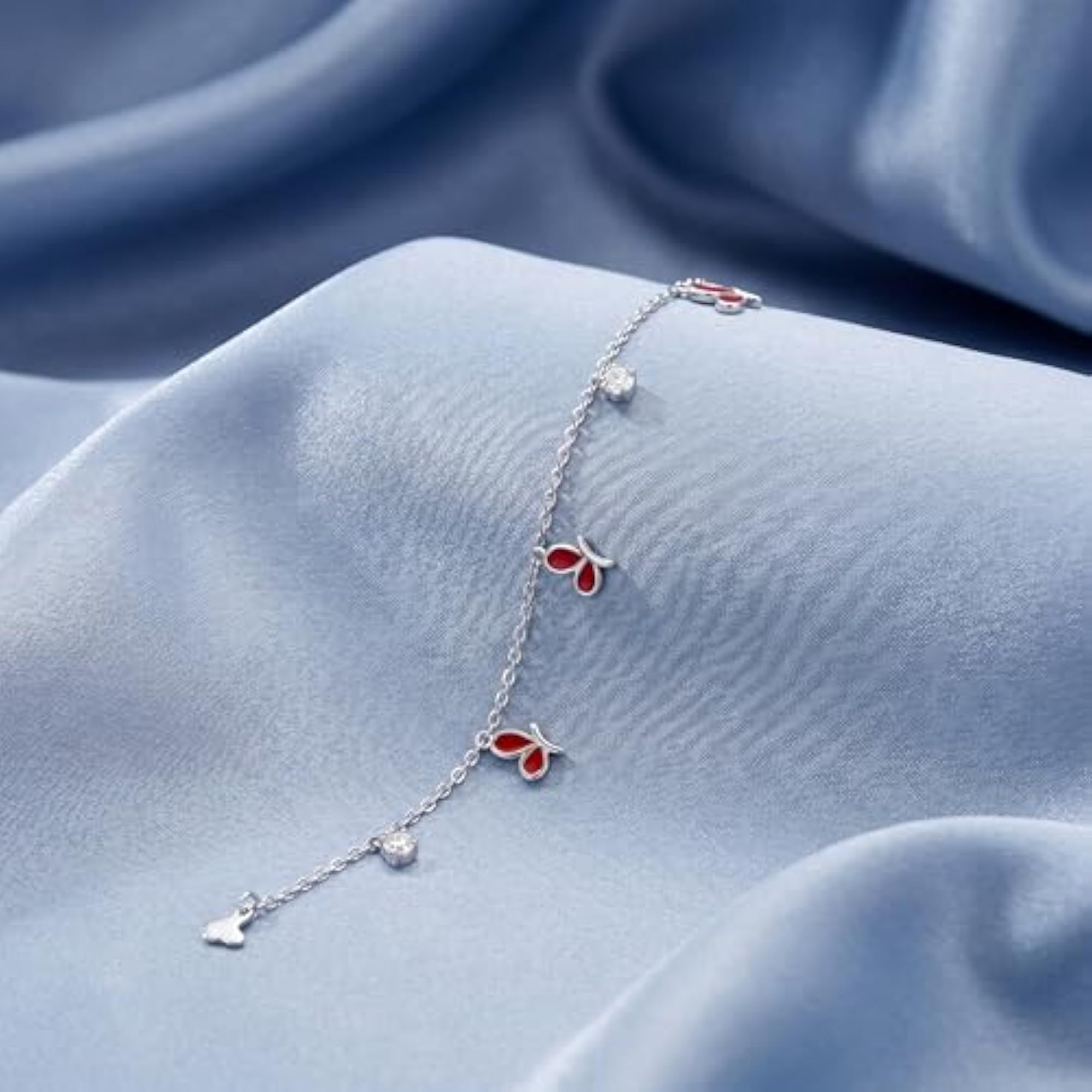 Red Floral Drop Charm Bracelet, Premium 925 Silver
