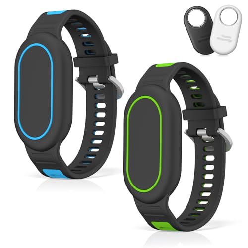 [2-Pack] Waterproof Bracelet Compatible for Samsung Galaxy SmartTag 2 (2023) Soft Silicone Full Coverage Protective Cover Hidden Smart Tag 2 Case for Kids Child Elderly (Blue+Green)