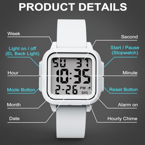 Image of Edillas Square Sport Watch Digital for Women's Men's Big Numbers Large Face 5ATM Waterproof Alarm Stopwatch Date Week Military Back Light Wristwatch for Teenagers