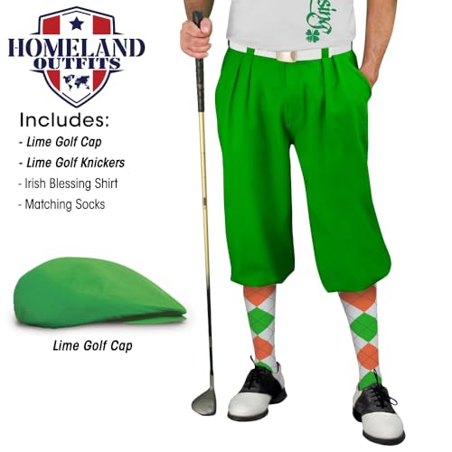 Golf Knickers Irish Homeland Blessings Traditional (Plus Fours) Complete Golf Outfit for Men (Lime)- Waist Size 54 - Shirt Size XX-Large