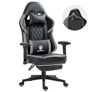 Dowinx Gaming Chair with Pocket Spring Cushion and Hanger, Massage Game Chair Pu Leather with Headrest, Ergonomic Computer Chair with Footrest 300lbs for Adult, Black Grey