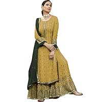 ASISA Women's Georgette Yellow Mirror Work Semi Stitched Palazzo Salwar Suit With Dupatta