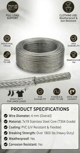 Image of 20 Meters 4mm Heavy Duty PVC Coated Stainless Steel Wire Rope Kit Rust-Proof Steel Cable with 4 UClamps & 2+2 Carabiner Hooks Multipurpose Wire for Balcony Clothesline, Hoisting & DIY