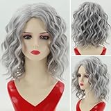 RENERSHOW Short Gray Wavy Bob Wigs for White Women Medium Length Grey Curly Wig Side Part Silver Synthetic Natural Looking Daily Party Wig