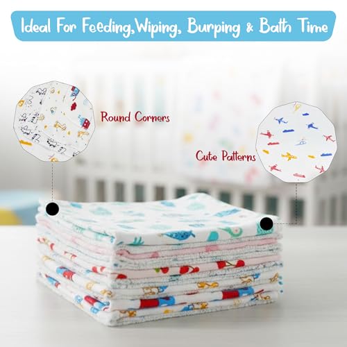 Image of GLUN Soft Premium Baby Washcloth for Newborn, Pack of 8 Printed Mini Wash Towel, Washable, Reusable, & Absorbent, Extra Soft Face Towels for Babies