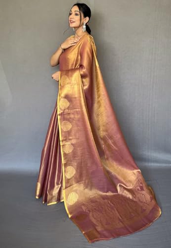 Image of SWORNOF Gold-Toned Woven Design Silk Zari Tissue Saree | Saree for Women | Soft and Skin Friendly