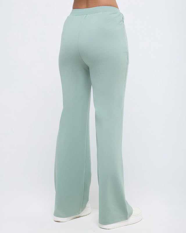 Image of HUNNIT Essential Flare Pants for Women with Zip Pockets | Mid Waist Solid Cotton Tapered Flare Pants | Bootcut Flared Trousers with Wide Elastic Waistband | Relaxed Fit Flared Trouser
