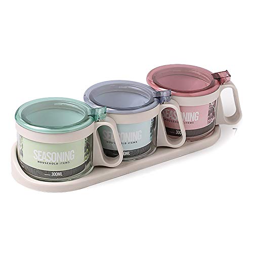 assaisonnement Bouteille assaisonnement Ensemble de bocaux pour cuisine Contient 3 pots assaisonnement en verre 3 cuillères et base Unique Taille 12 x 7 cm Cover