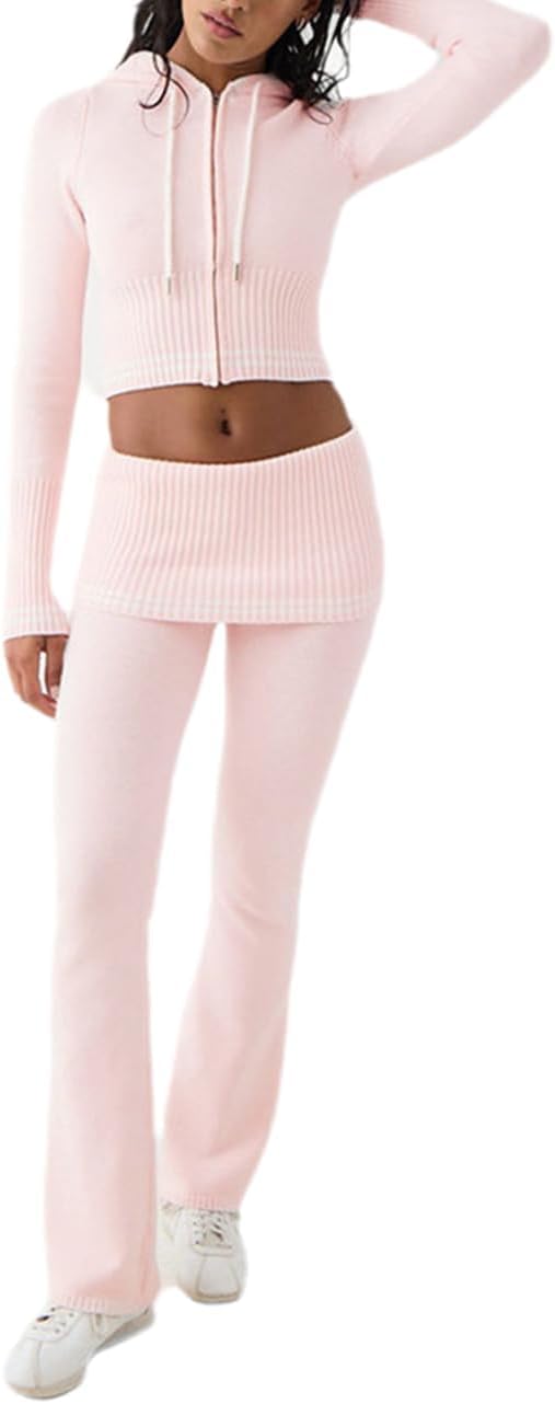 Pantaloni da donna con cappuccio elasticizzati a maniche lunghe con zip e pantaloni da salotto - Moda casual Y2k Slim Crop Top a vita alta Pantaloni skinny Abiti maglione, rosa, M