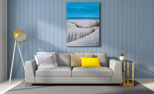SYGALLERIER Beach Picture Wall Art Hand Painted Coastal Canvas Painting in Blue and White Color Nautical Artwork with Grass and Fence for Living Room Bedroom Bathroom Decor - Image 3