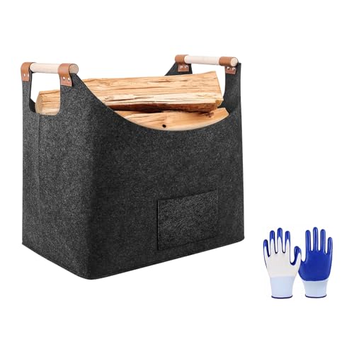 BraDoc Felt Firewood Basket, Firewood Bag with Wooden Handles, Felt Log Baskets for Fireplaces with a pair of Gloves. Felt Basket for Wood, Newspapers, Magazines and Toys (Dark gray, 45 * 32 * 40)