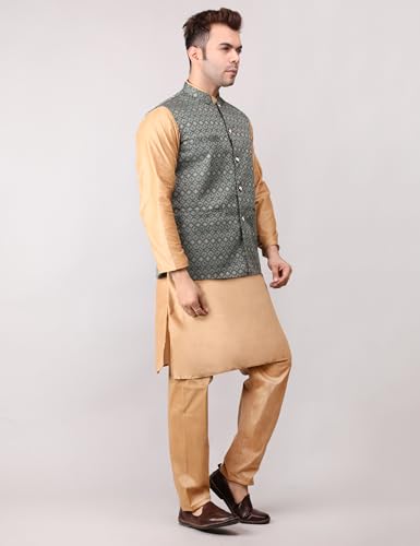 Image of Men's Cotton Silk Blend Regular Kurta Pyjama, Embroidered Nehru Jacket /Waistcoat Set