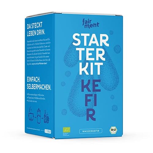 fairment Starterkit Wasserkefir - veganen Wasser-Kefir einfach selber machen - Starterset enthält Bio Kefirkristalle (Kefirpilz), Glas, Zutaten, Zubehör und Rezepte