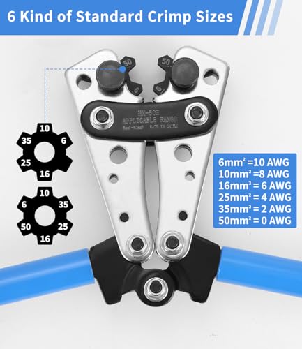 Groß Crimpzange Set Für Kabel 6/10/16/25/35/50 mm² und 10–1/0 AWG Mit 60 Kupferringklemmen, ideal für Auto Solar und Haushaltsanwendungen, Blau