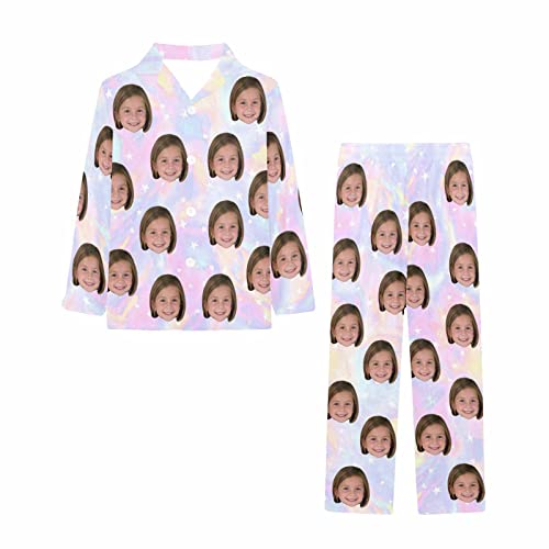 Artsadd Girls Pajamas Set Custom Face Pet Photo Long Sleeve Sleepwear Personalized Printed V-Neck Button-up Pants Nightwear3