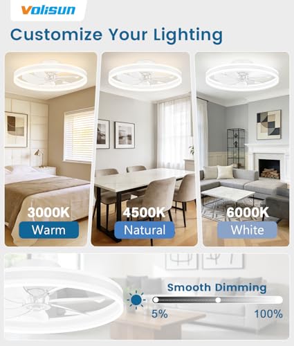 Image of VOLISUN Low Profile Ceiling Fans with Lights and Remote, 27.6in Flush Mount Ceiling Fans with Light, 3000K-6500K Dimmable Fandelier LED Fan Light, White Bladeless Ceiling Fans with Lights for Bedroom