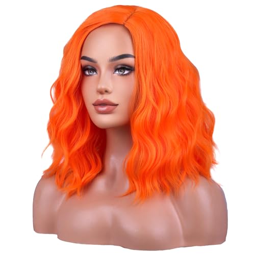 Image of BERON Orange Wigs for Womens Short Curly Wavy Wig Girls Bright Orange Colorful Side Part Wigs Shoulder Length Heat Resistant Synthetic Cosplay Party or Daily Use Wig